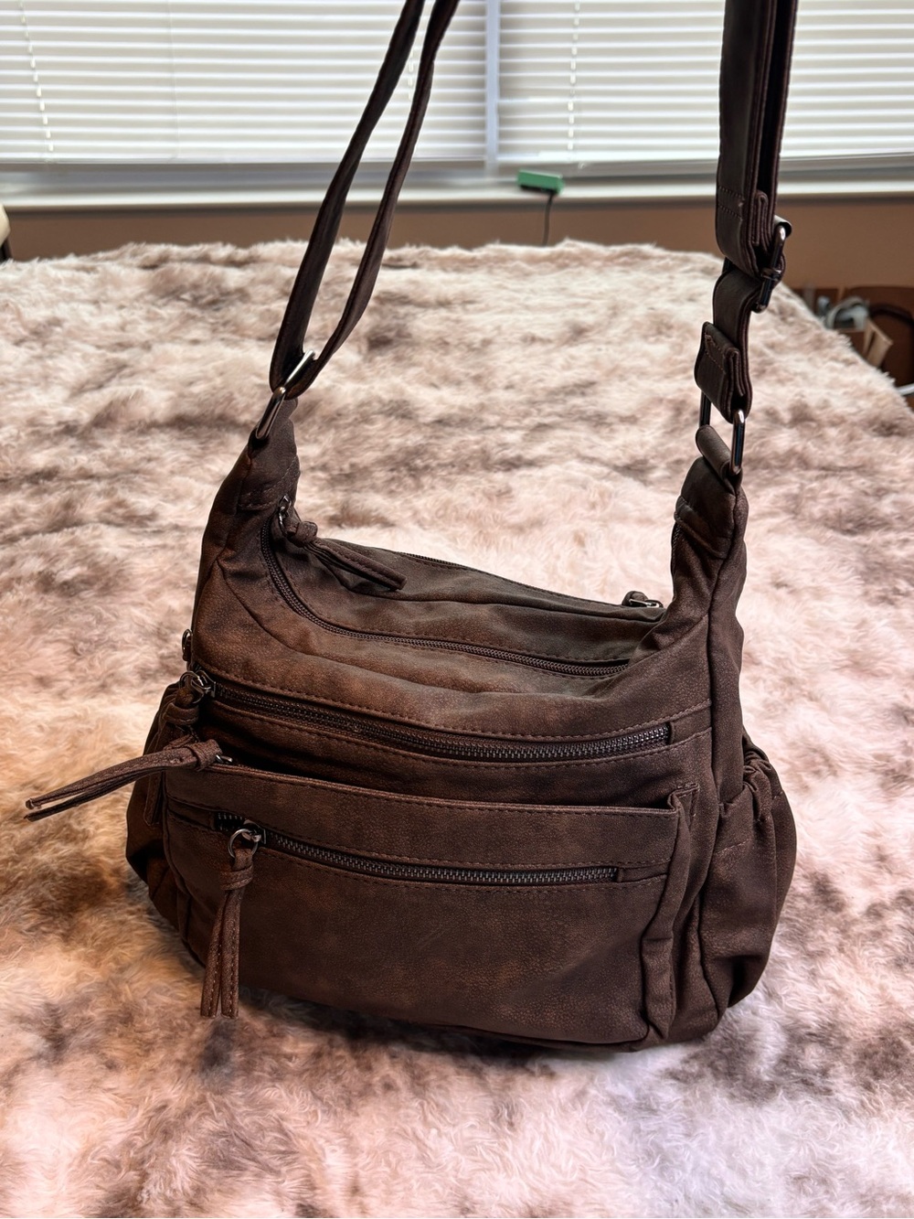 Bueno Brown Crossbody Bag with Multiple Zippers